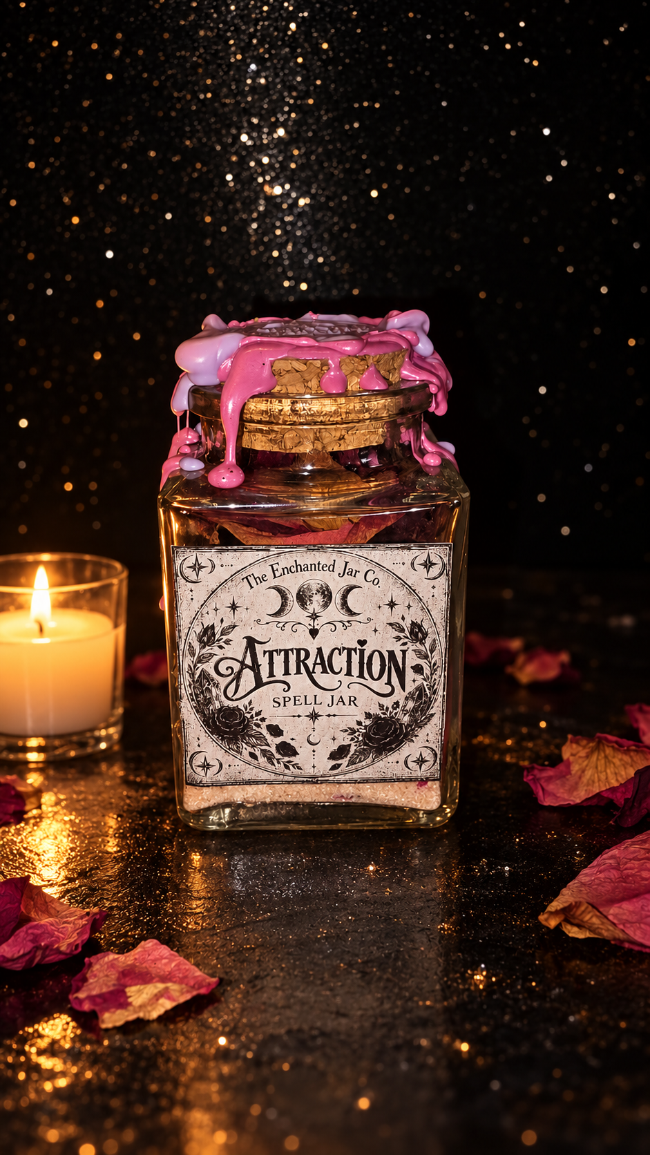 Handmade Attraction jar with pink wax beside candlelight