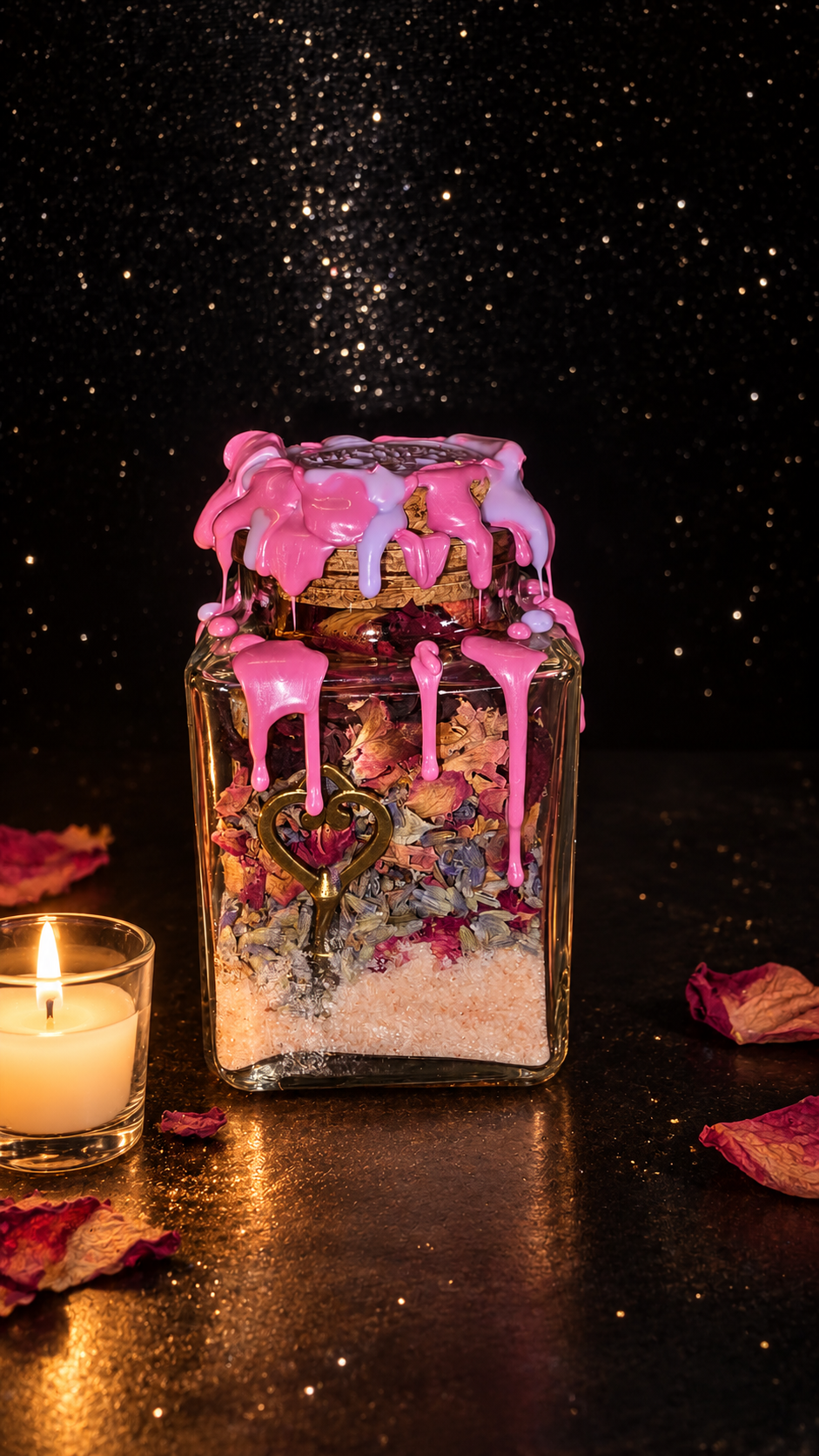 Handmade botanical jar with layers of dried petals and a pink wax lid