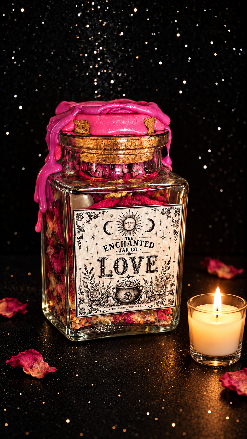 Love jar finished with pink wax, displayed with rose petals and a candle