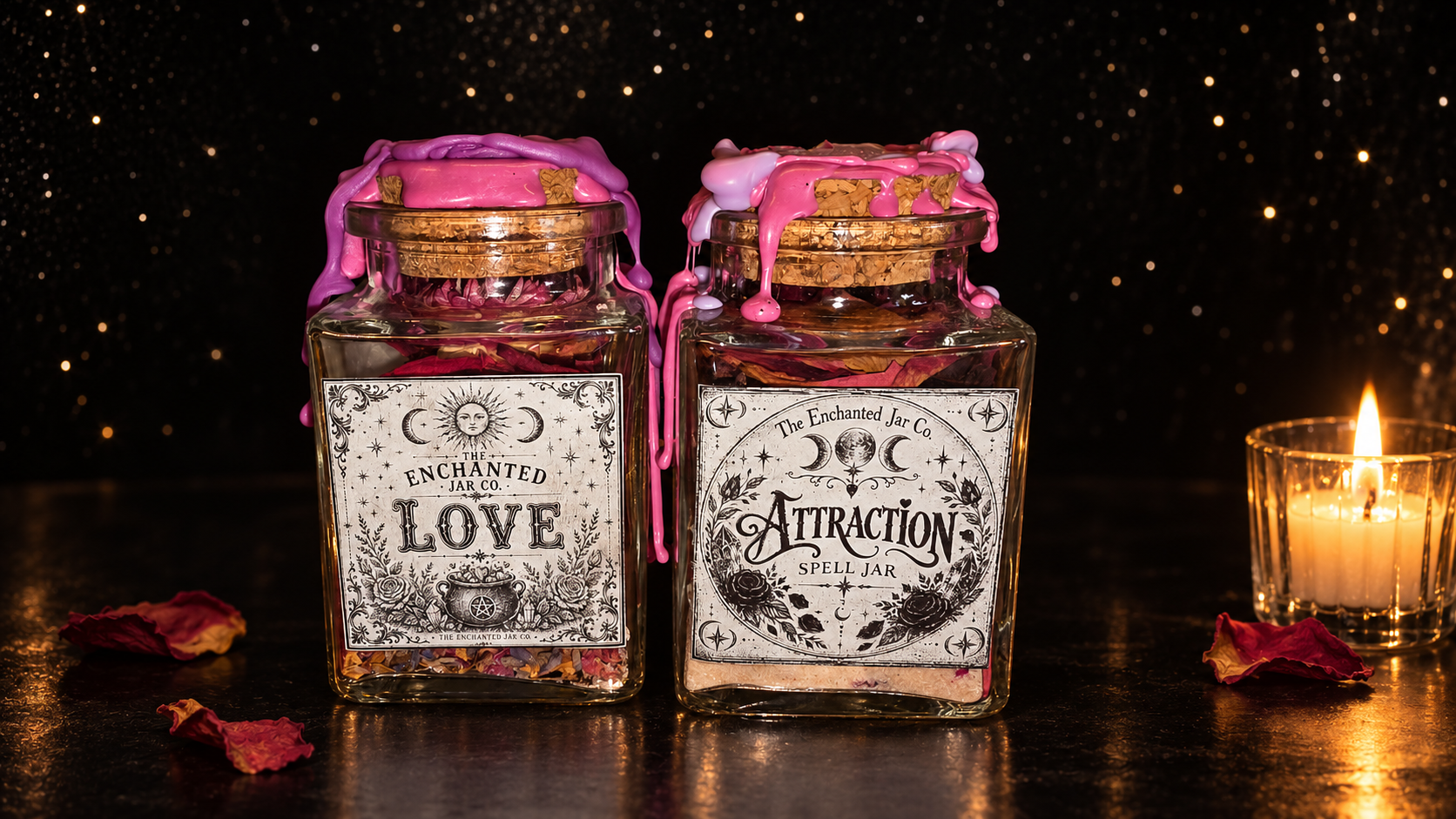 Love and Attraction jars together against a dark candlelit background