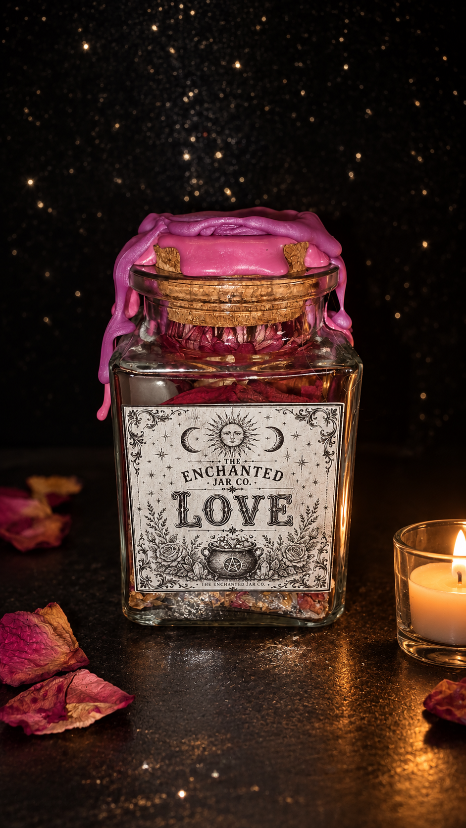 Handmade Love intention jar with pink wax seal